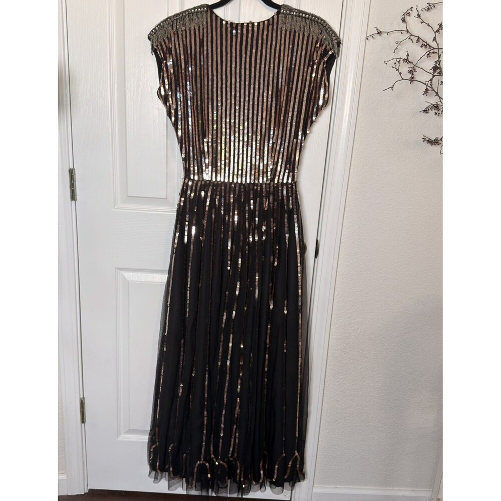 SETA Sarkisian Dress Small NWT Black Gold Sequin Embellished Deep V Maxi Gown - Picture 13 of 16